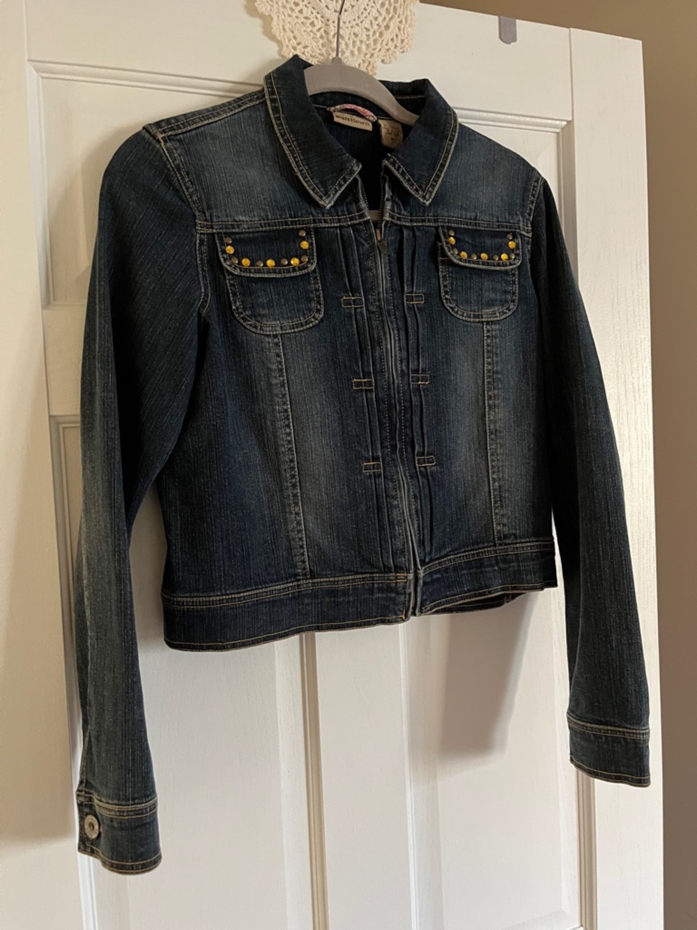 Ruff Hewn Dark Blue Denim Jacket with Yellow Stud Accents